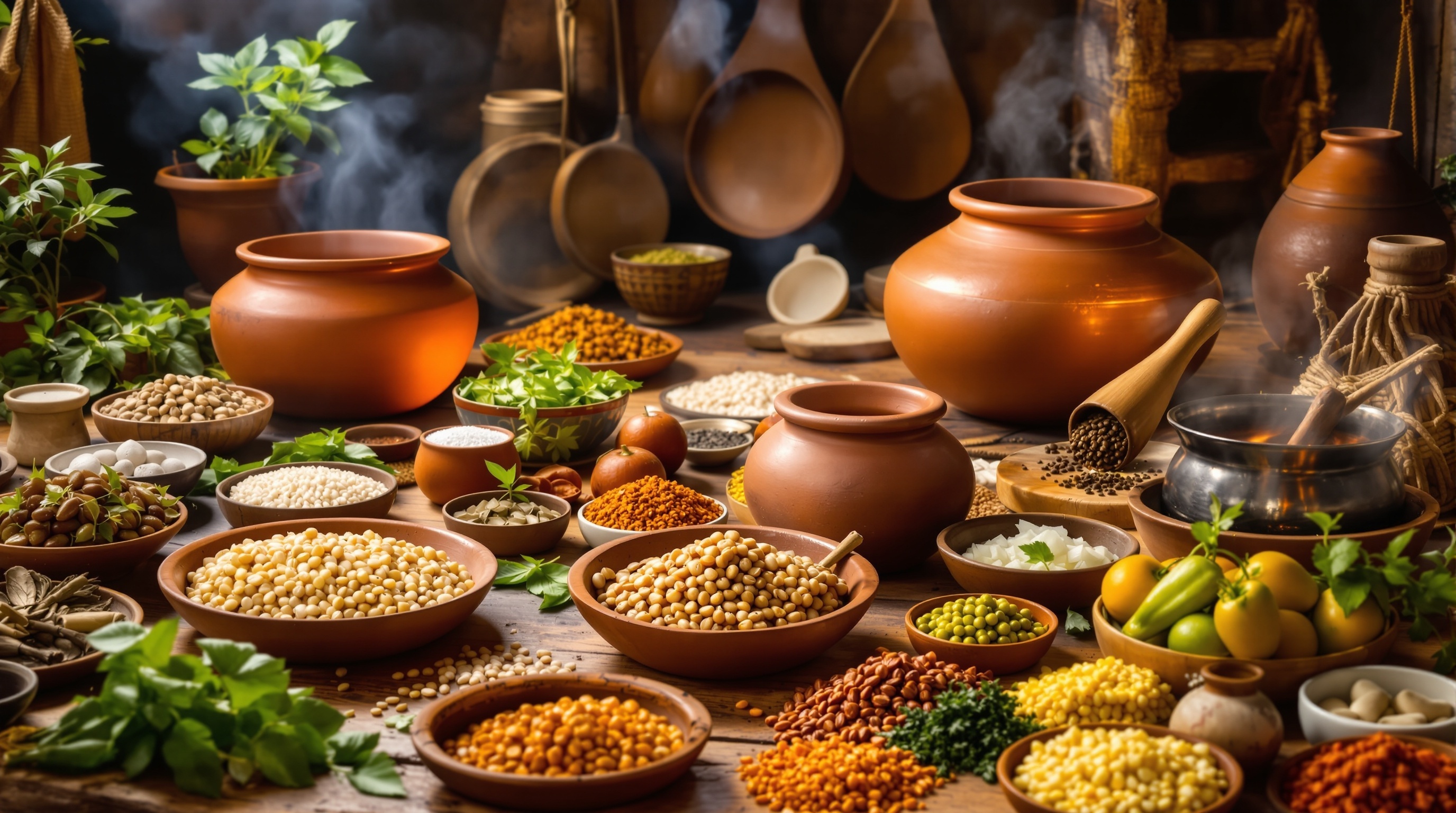 Ancient Vedic kitchen with traditional clay pots and cooking methods