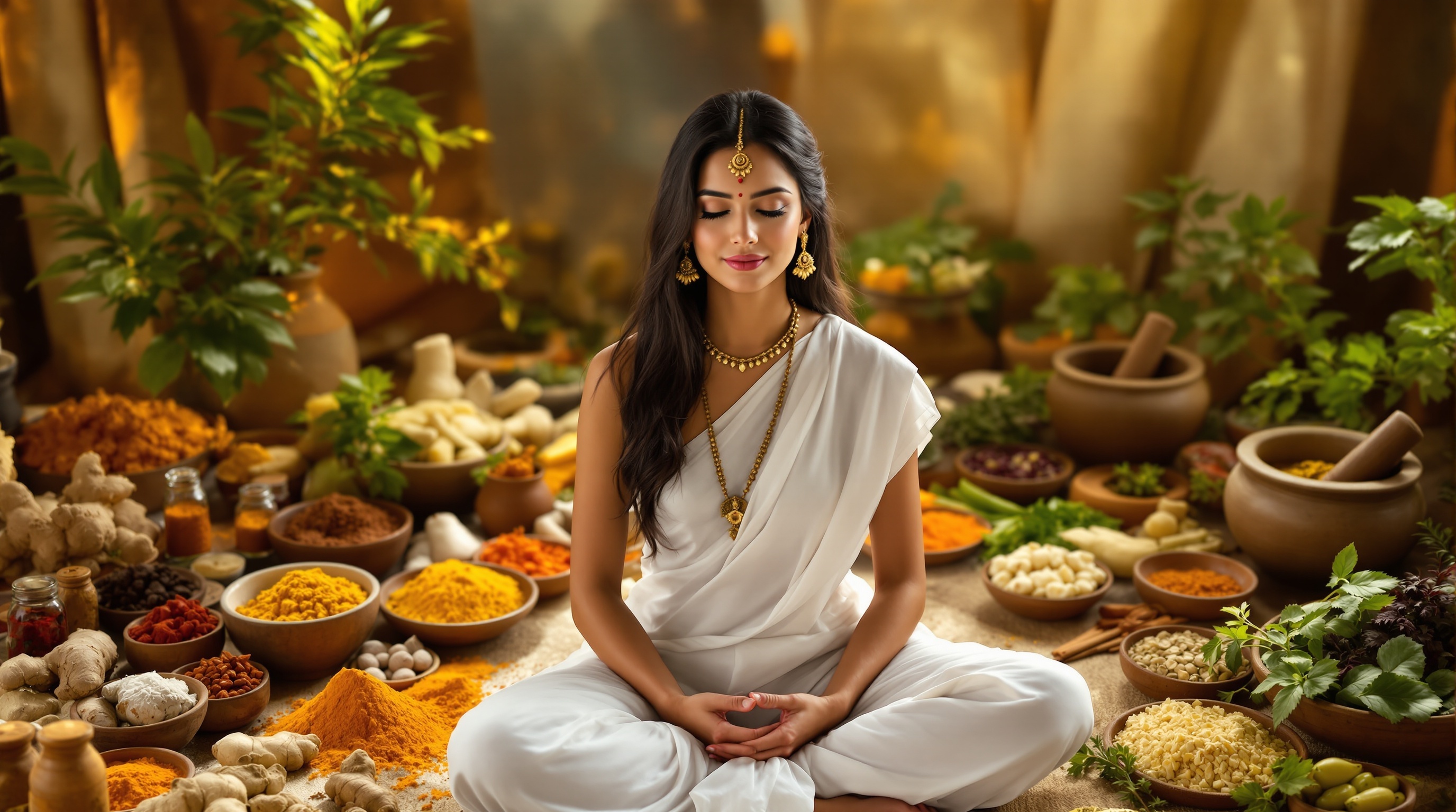 Young woman practicing Vedic food preparation with traditional spices and herbs