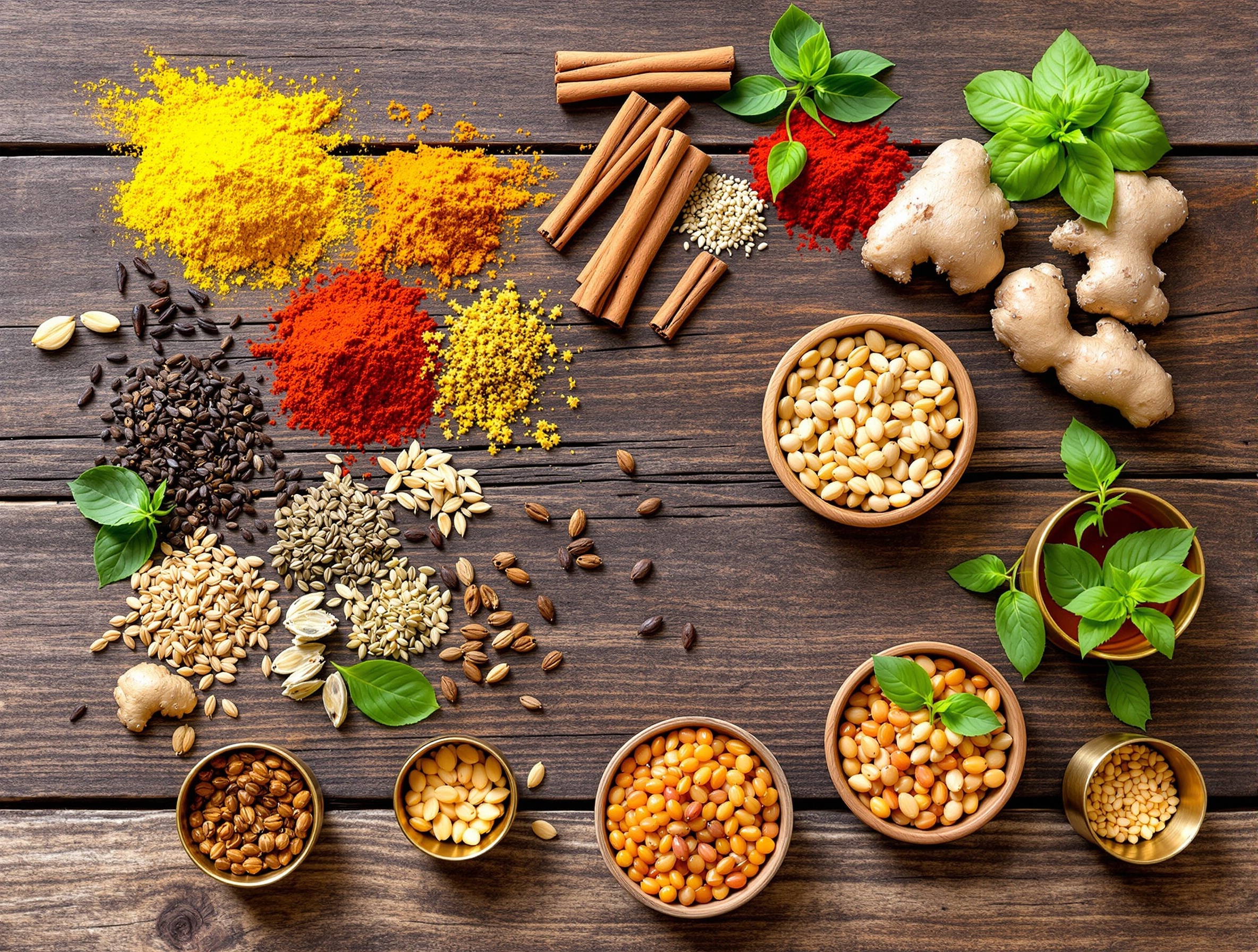 Beautiful arrangement of colorful Vedic spices and Ayurvedic herbs
