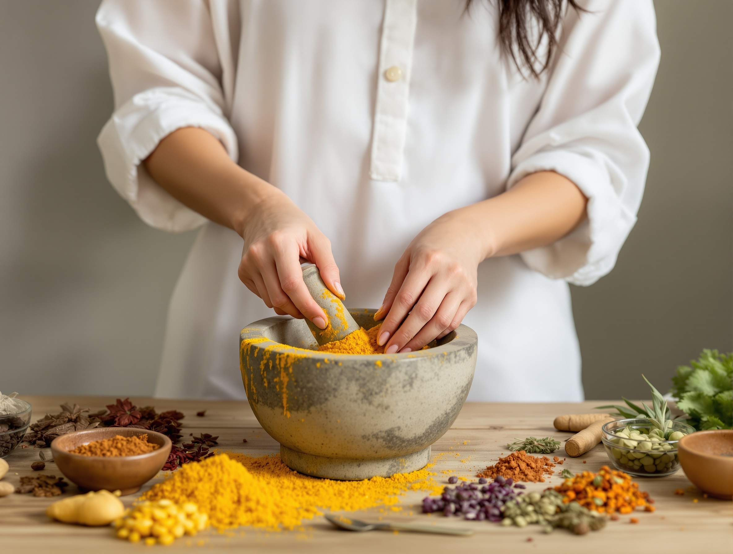 Woman preparing traditional Ayurvedic herbs and spices using ancient methods